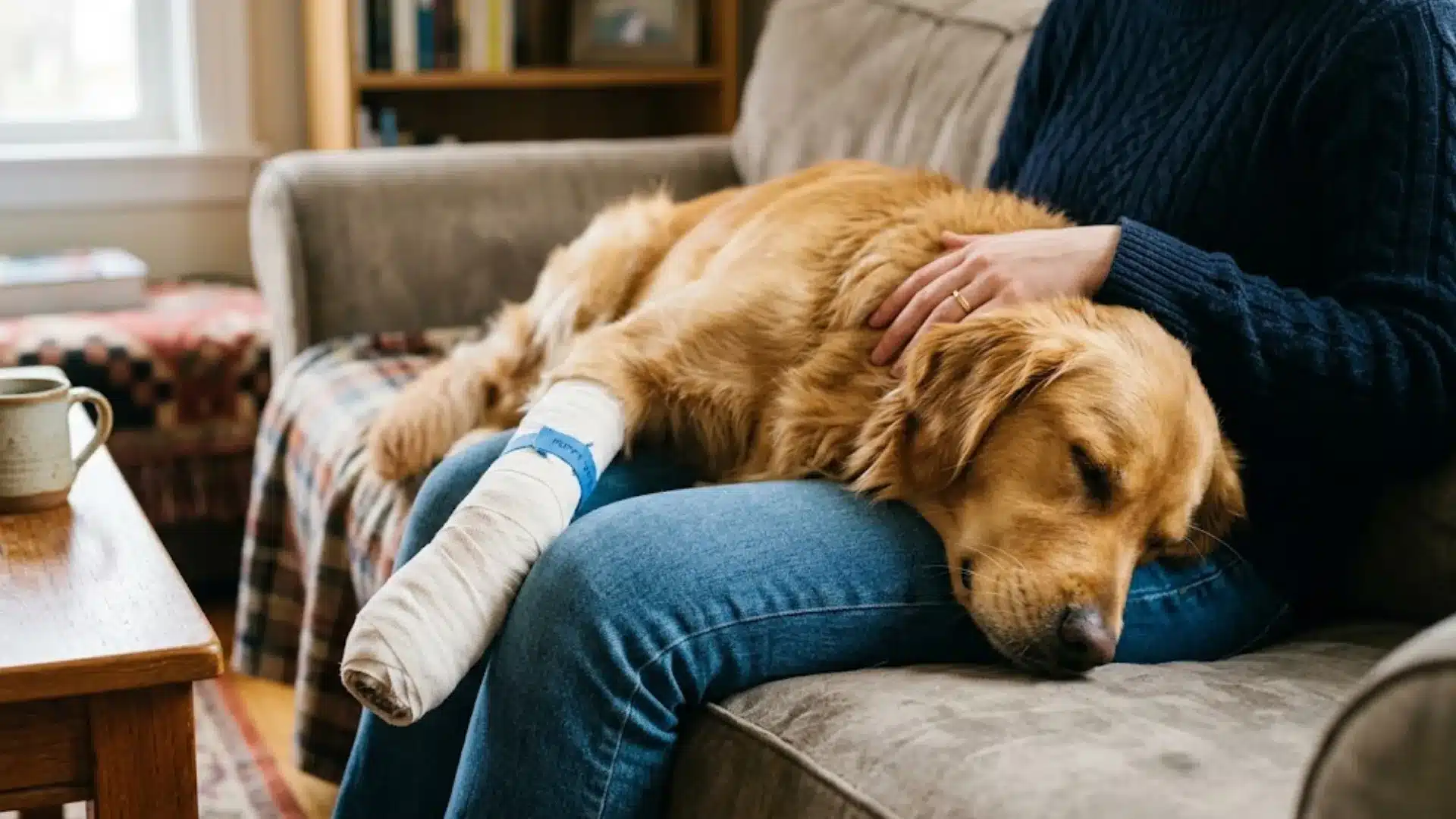 Golden retriever resting with bandaged leg while owner comforts him on a couch at home