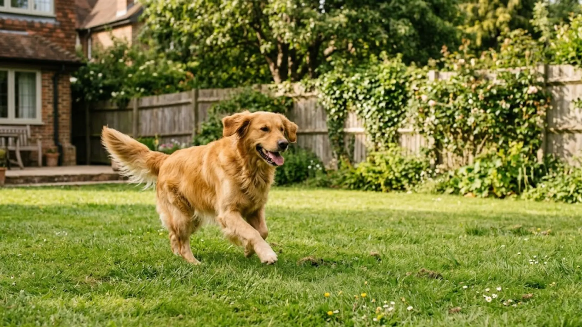 Golden Retriever walking happily in a grassy backyard near a family home on a sunny day