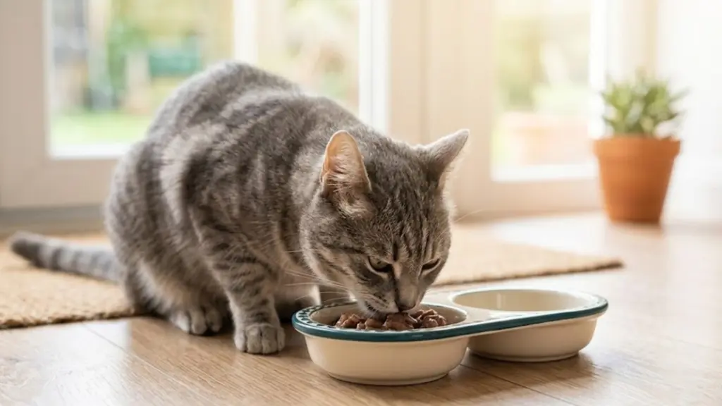 Gray tabby cat eating wet food from a bowl on a wooden floor in a bright room with natural window light