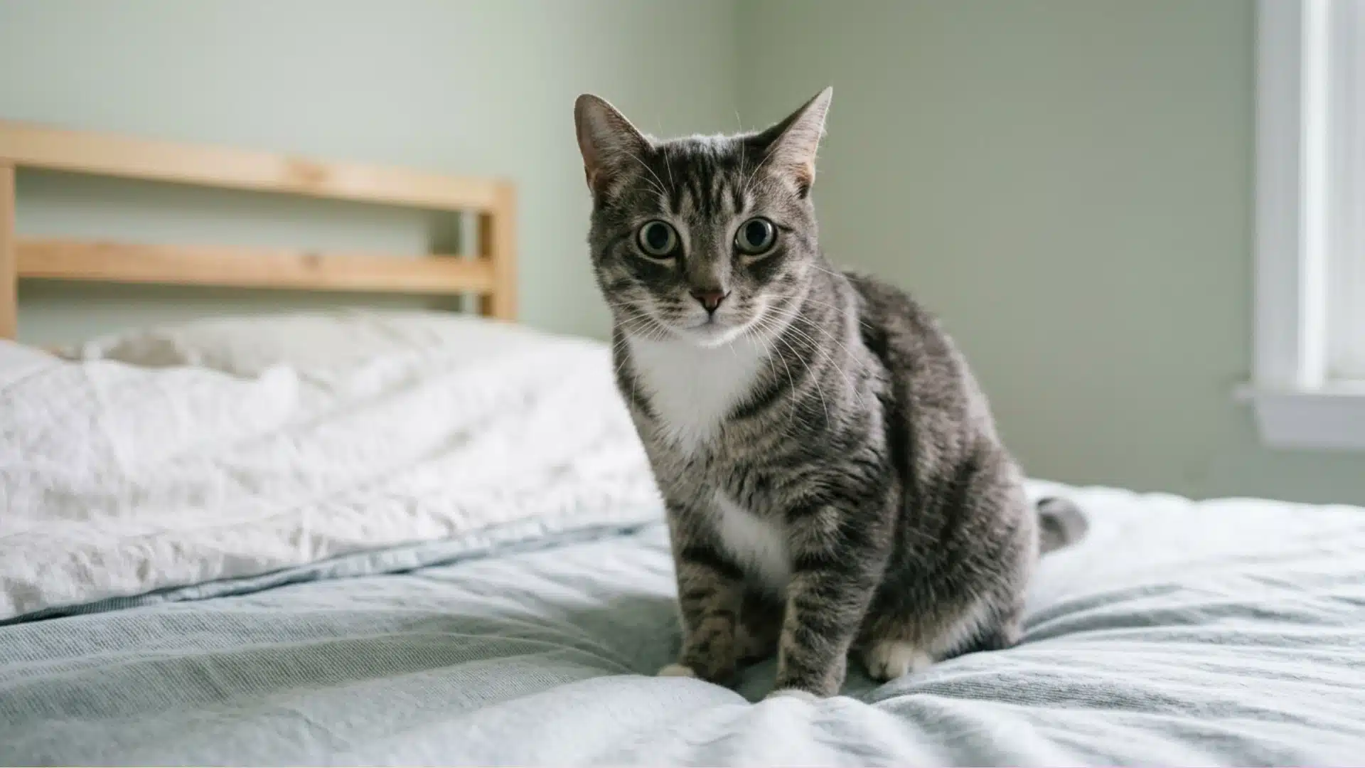 Gray tabby cat with large pupils sitting on a bed and looking slightly unwell in a quiet bedroom