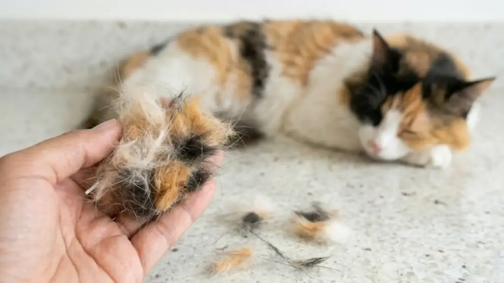 Hand holding clump of cat fur while calico cat rests in background, showing active shedding and hair loss
