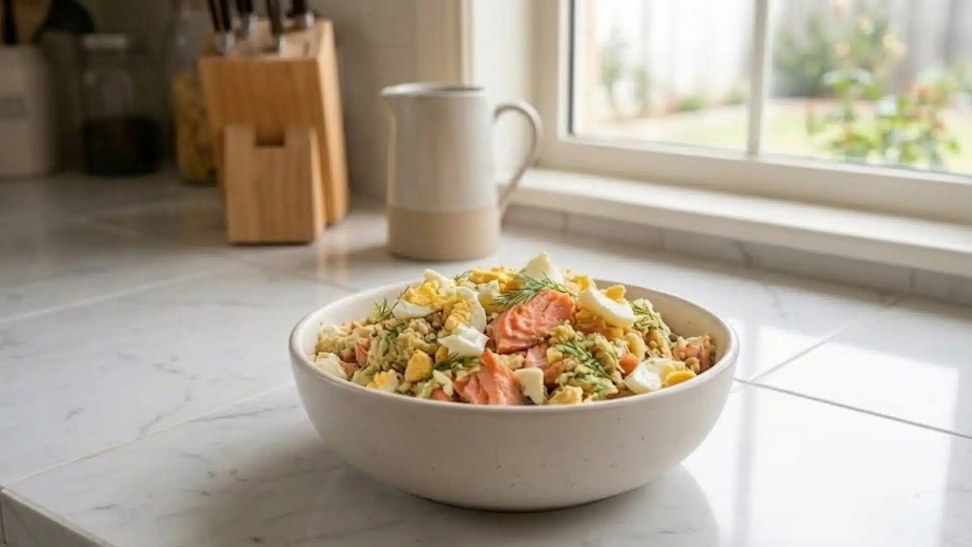 Homemade cat food with salmon chunks and boiled eggs in a bowl on a kitchen counter by a window