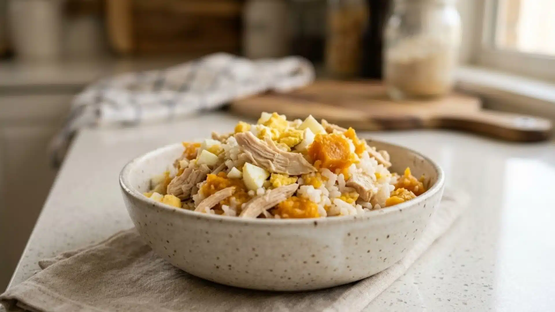 Homemade cat food with shredded chicken, egg, rice, and pumpkin in a bowl on a kitchen counter in soft light