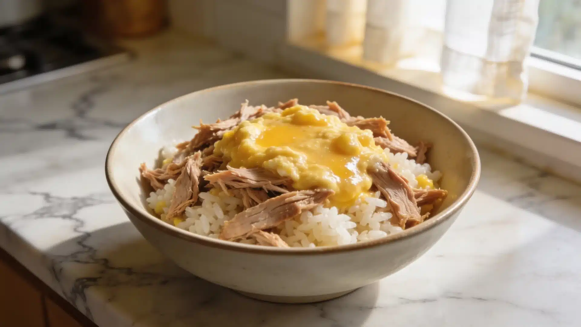 Homemade cat food with shredded meat, rice, and egg mixture in a bowl on a marble counter in warm sunlight