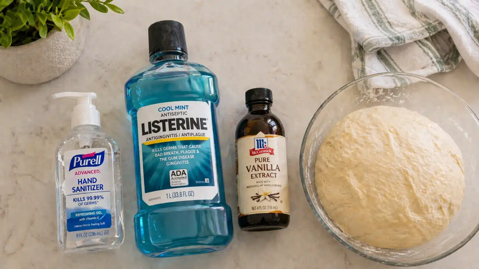 Household items containing alcohol dangerous to dogs including hand sanitizer, mouthwash, and bread dough