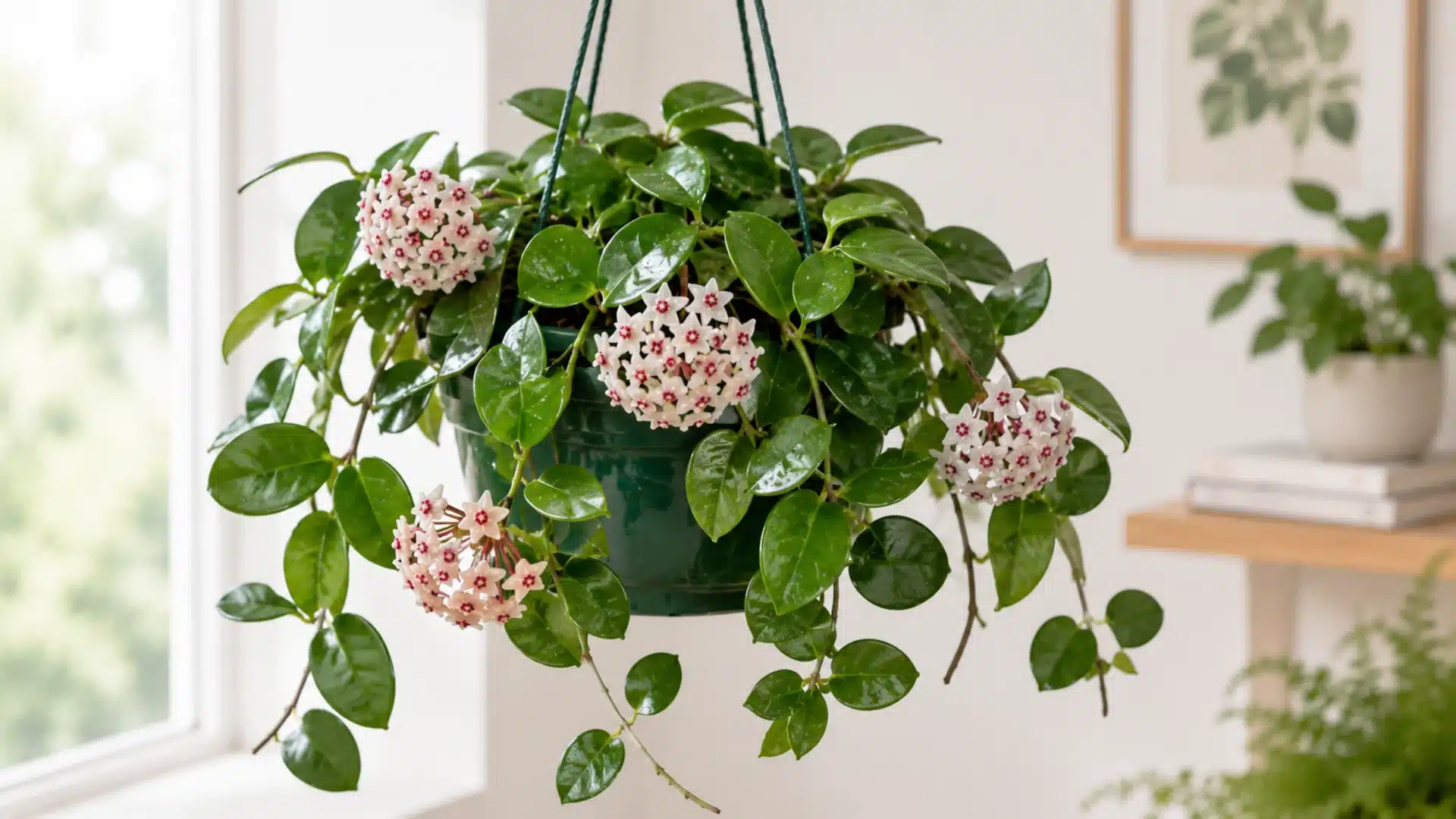 Hoya Wax Plant with glossy trailing vines and pink flowers in bright modern indoor space