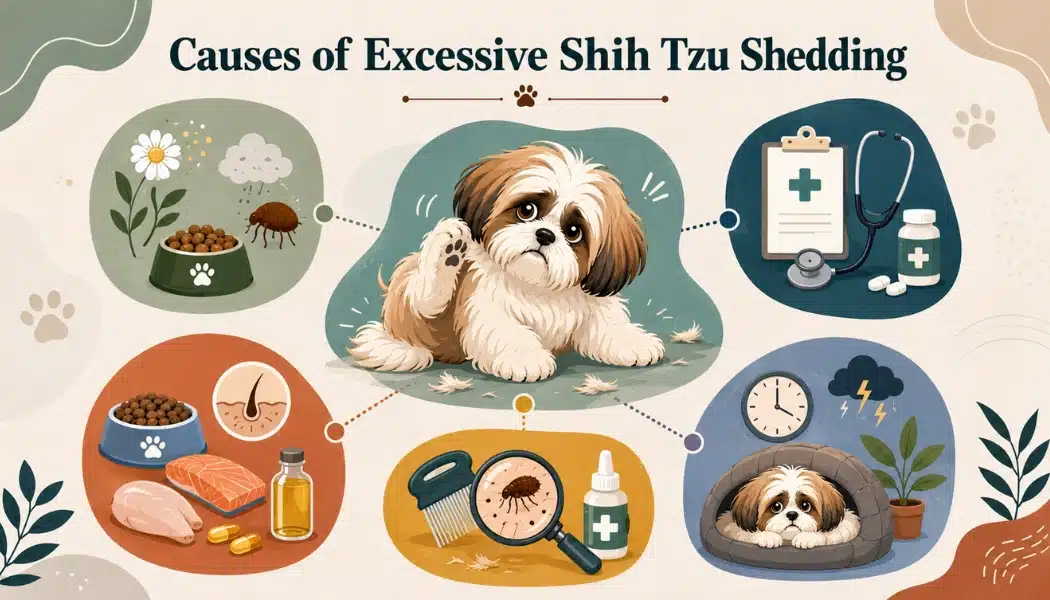 Illustrated infographic showing excessive Shih Tzu shedding causes, including allergies, poor diet, parasites, stress, and vet care