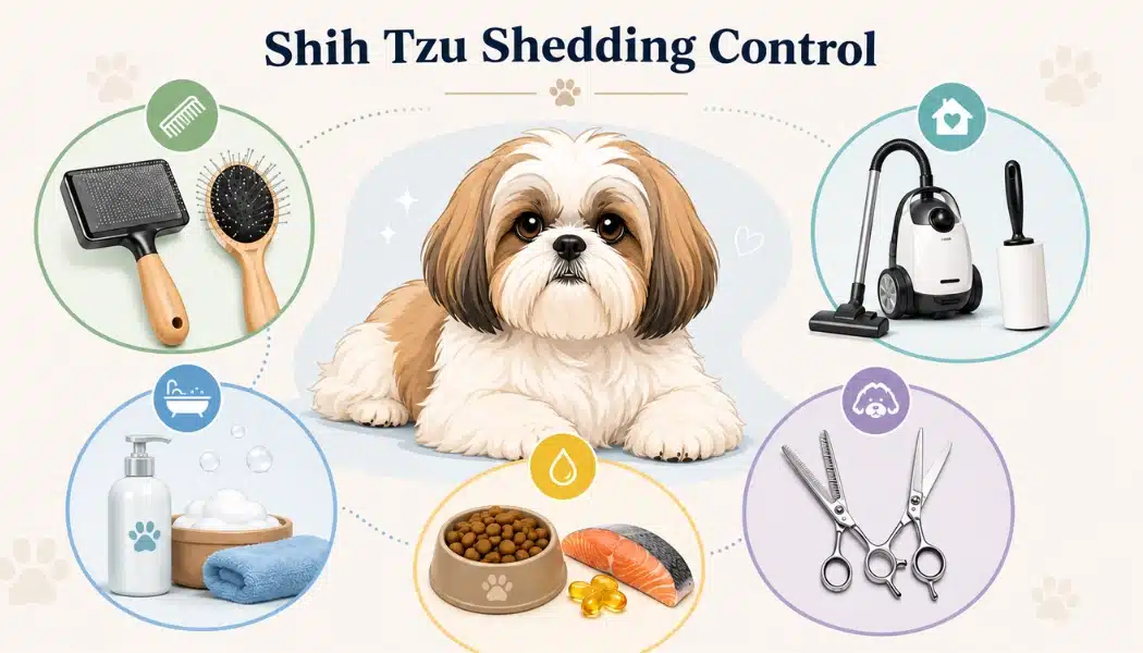 Illustrated Shih Tzu shedding control infographic with grooming brushes, shampoo, food, grooming tools, vacuum, and lint roller