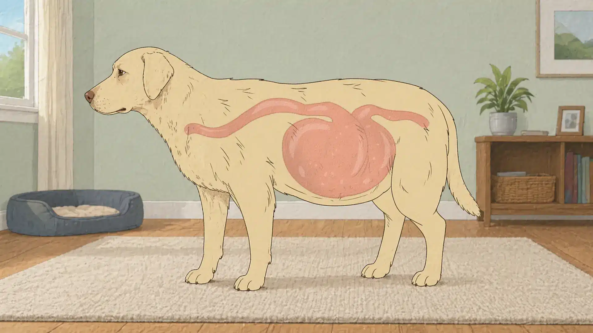 Illustration of dog with swollen stomach showing bloat, standing indoors in a home setting