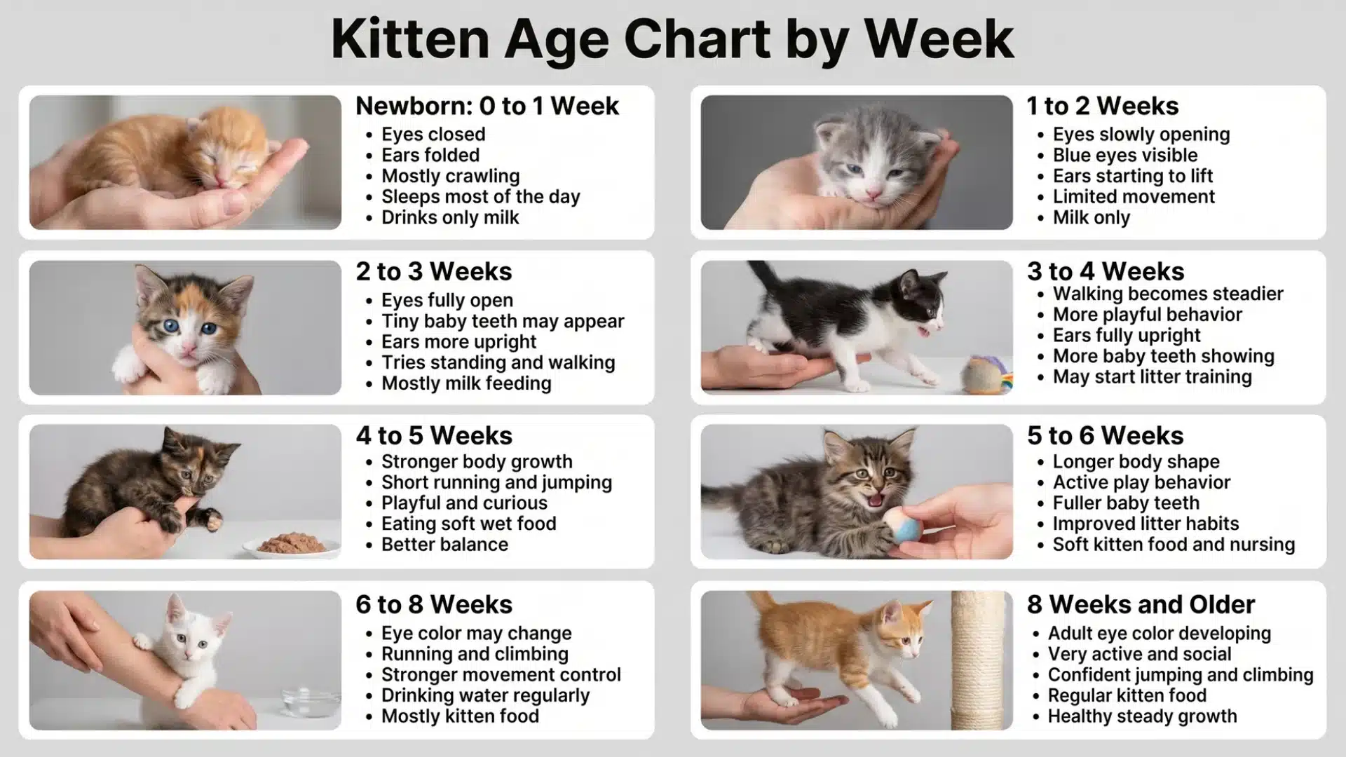 Kitten age chart showing weekly growth signs, feeding stages, movement, and physical development milestones