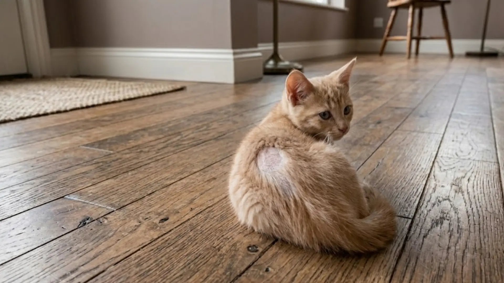 Kitten with visible bald patch on back sitting on wooden floor, showing localized hair loss area