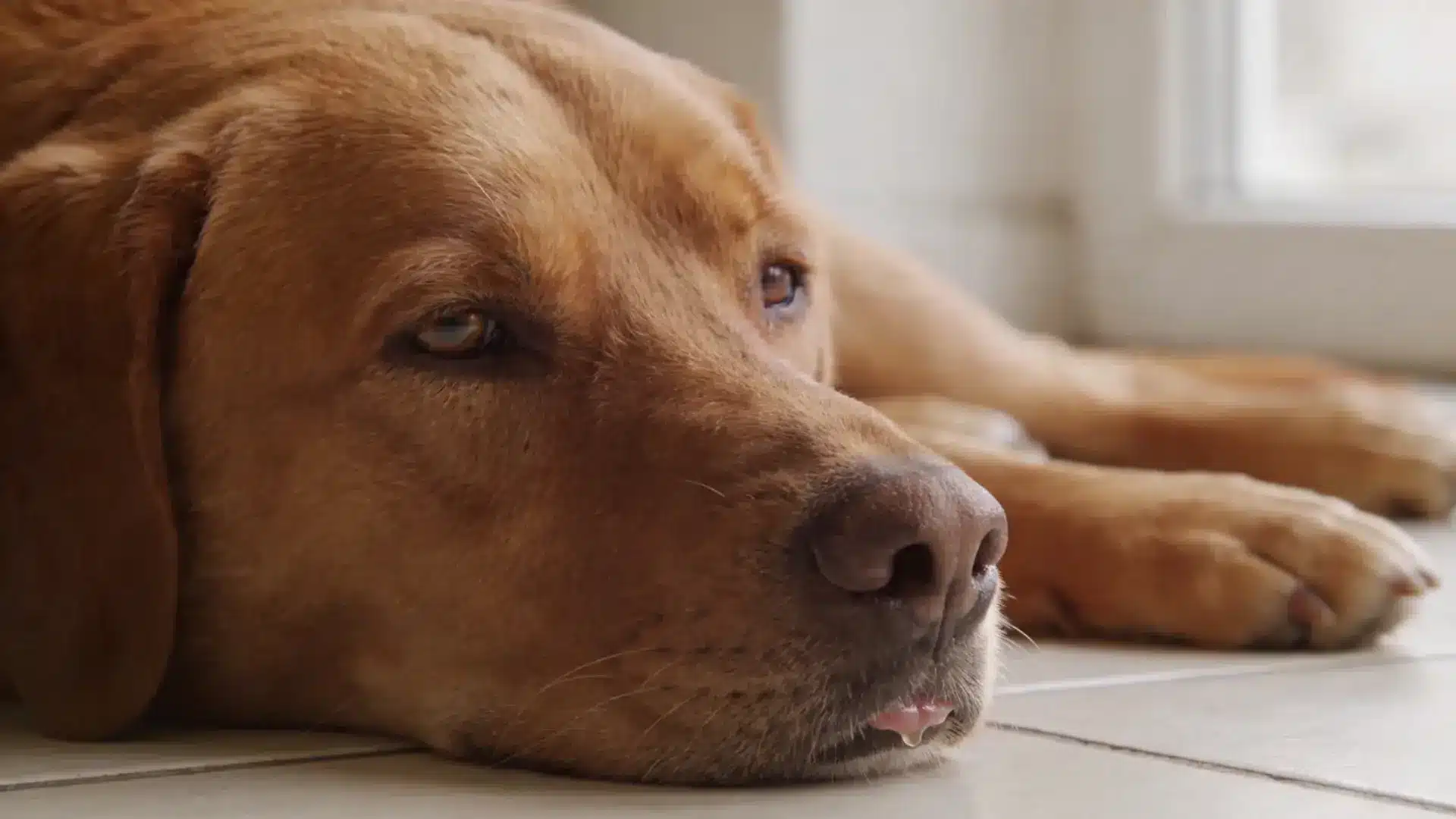 Lethargic dog lying on floor indoors with droopy eyes and low energy, suggesting illness or discomfort
