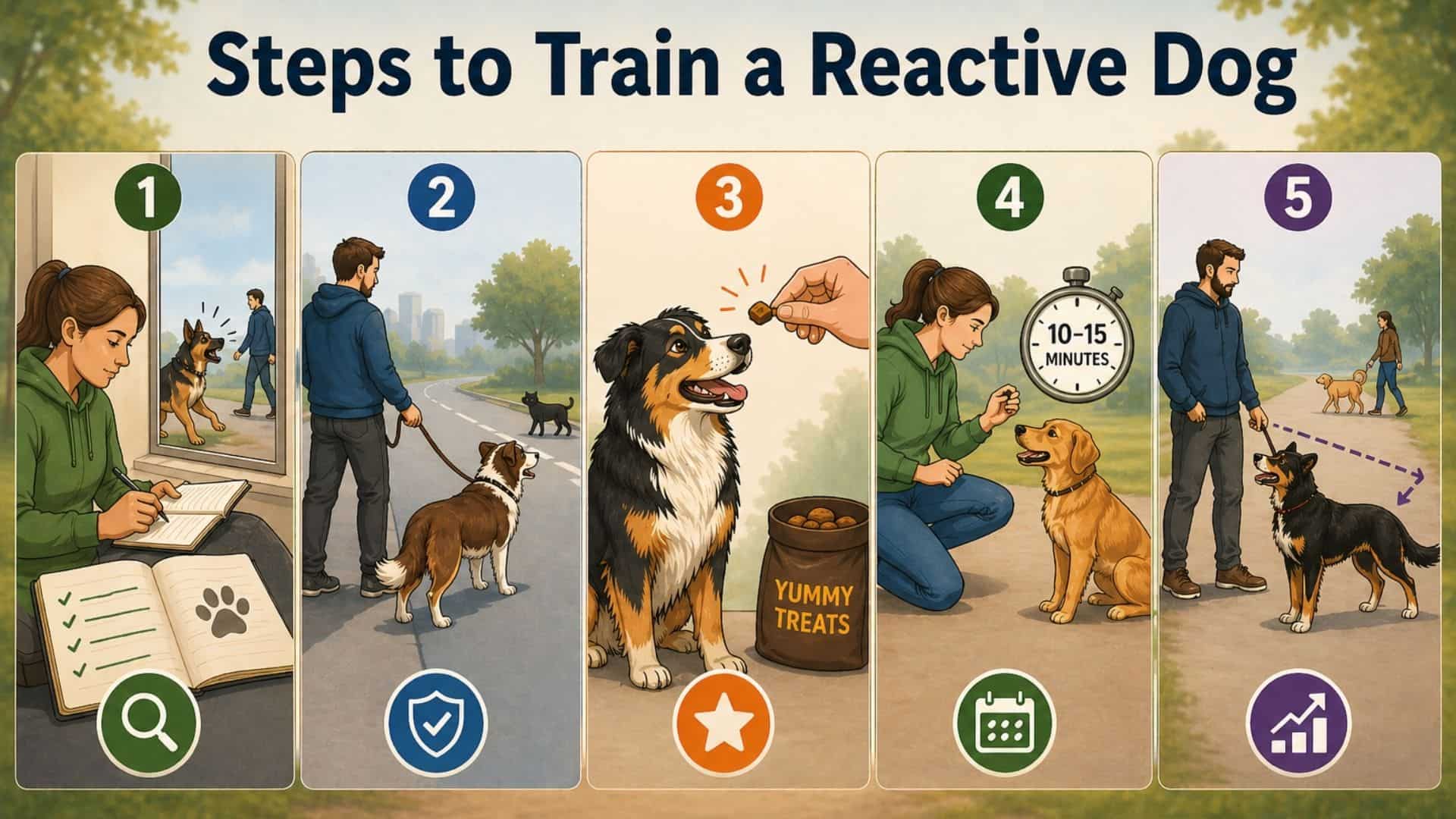 llustrated step guide showing visual methods to train a reactive dog outdoors (1)