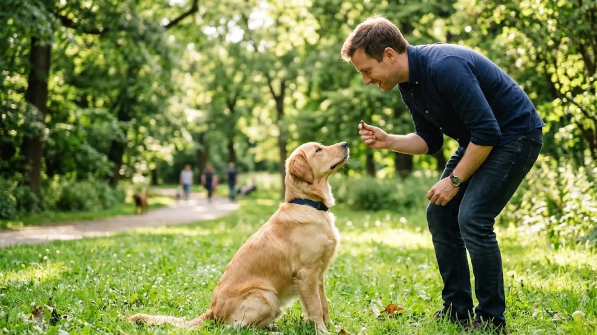 Man training a dog with treats in a park, teaching calm behavior around distractions and other dogs (1)