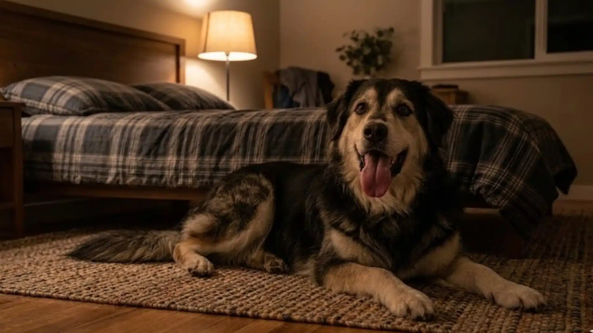 Medium sized dog lying on a rug in a cozy bedroom at night with soft lighting and a neatly made bed in the background (1)