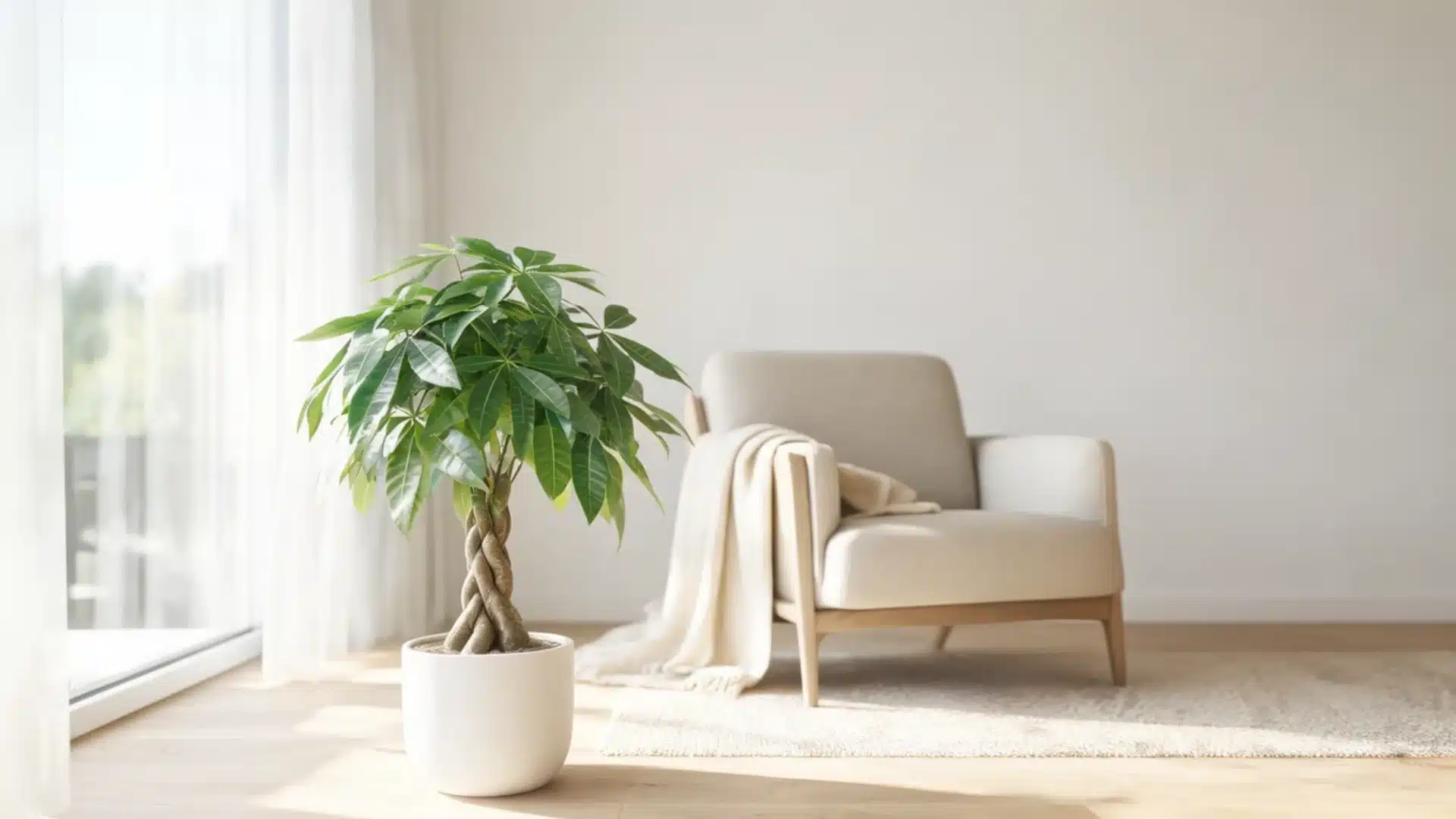 Minimalist living room with braided money tree plant beside beige armchair in natural sunlight