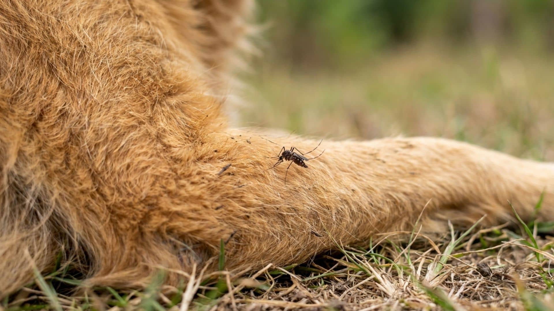 Mosquito biting a dog’s leg outdoors on grass close-up