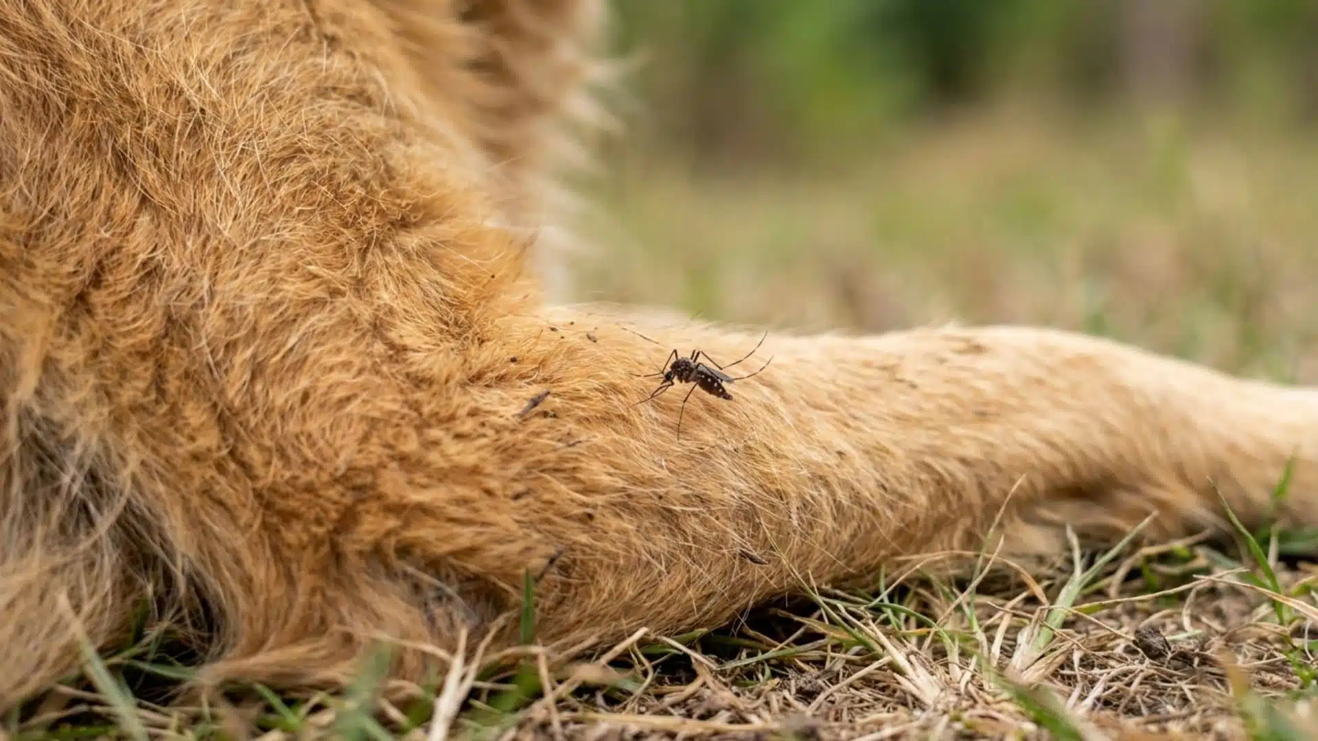Mosquito biting a dog’s leg outdoors on grass close-up