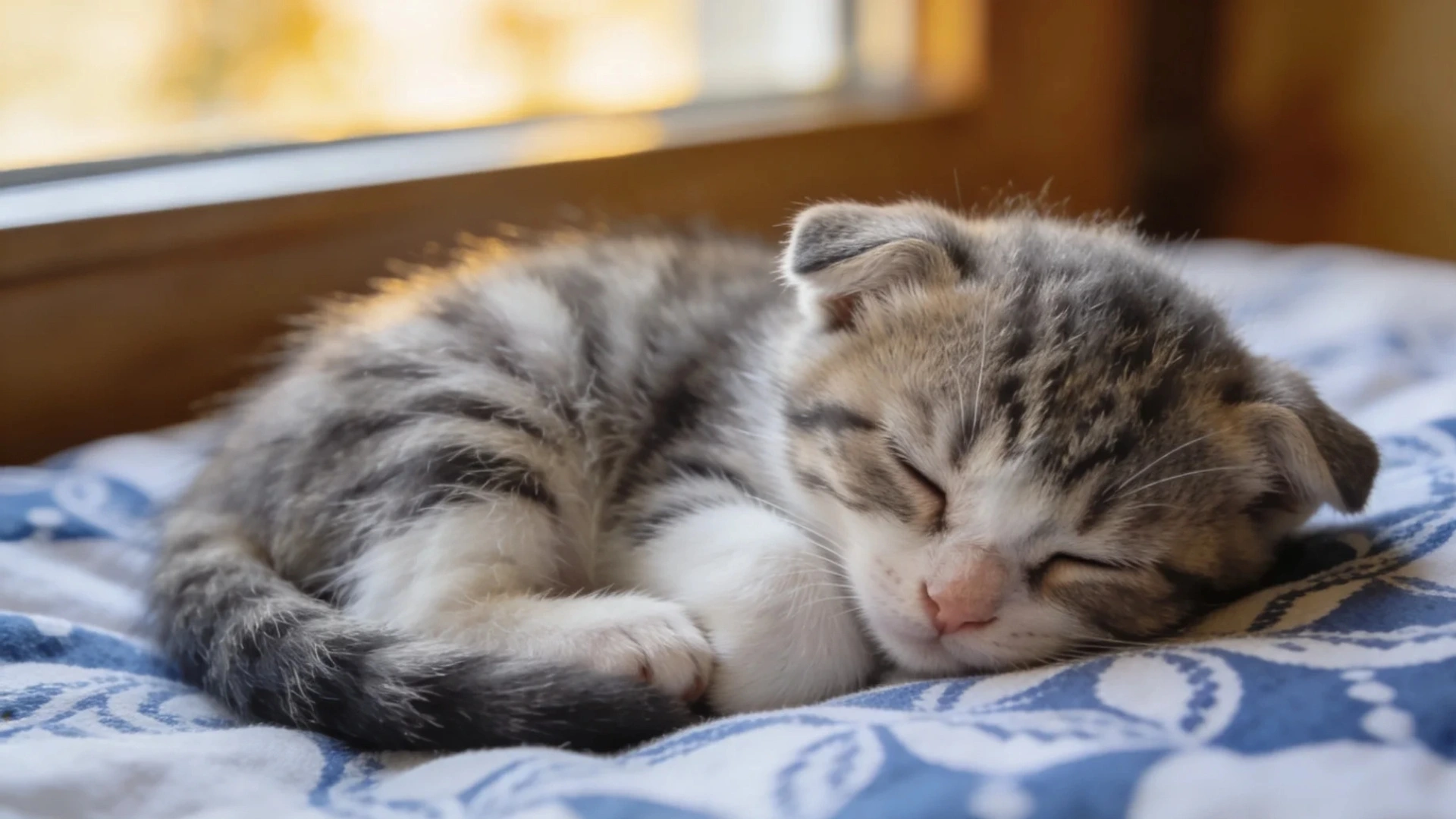 Newborn tabby kitten resting on a blue patterned bed near a window with eyes still closed before opening