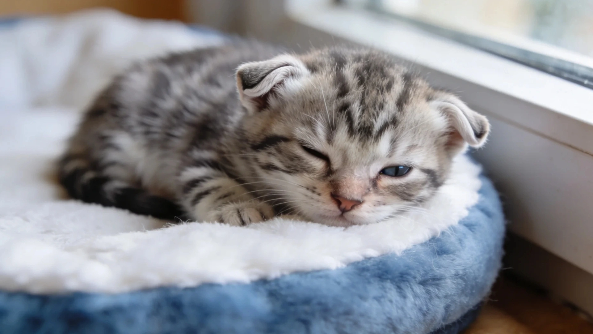 Newborn tabby kitten resting on a soft blue bed near a window with one eye barely open