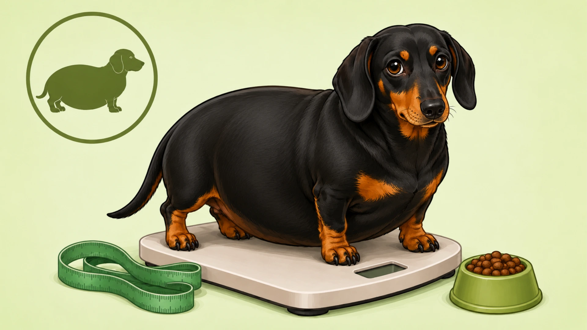 Overweight black and tan dachshund standing on a scale with food bowl and measuring tape on a green background