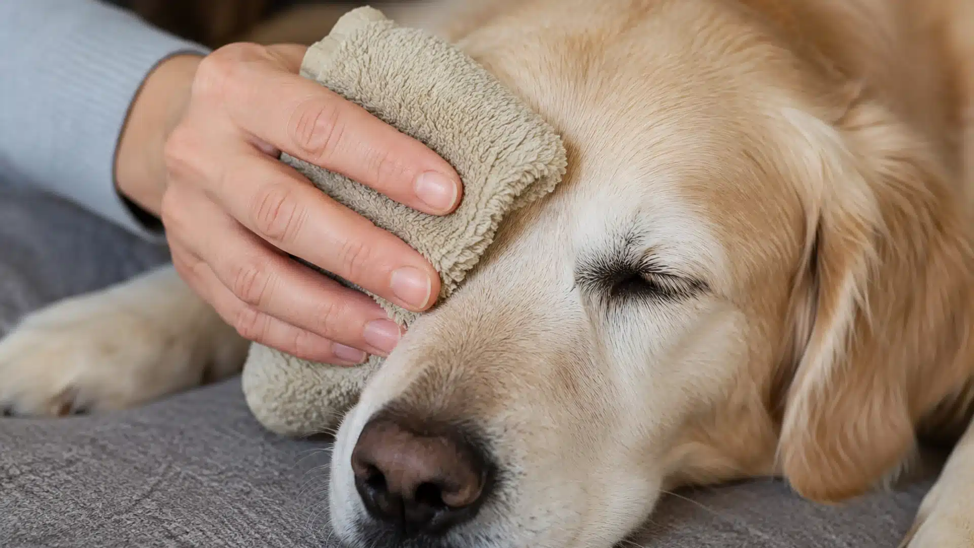 Owner gently applying warm compress to dog’s closed eye using soft towel in calm indoor setting with soothing atmosphere