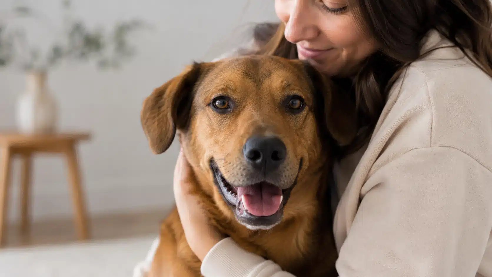 Owner gently hugging a happy brown dog indoors in a soft, minimal home setting.