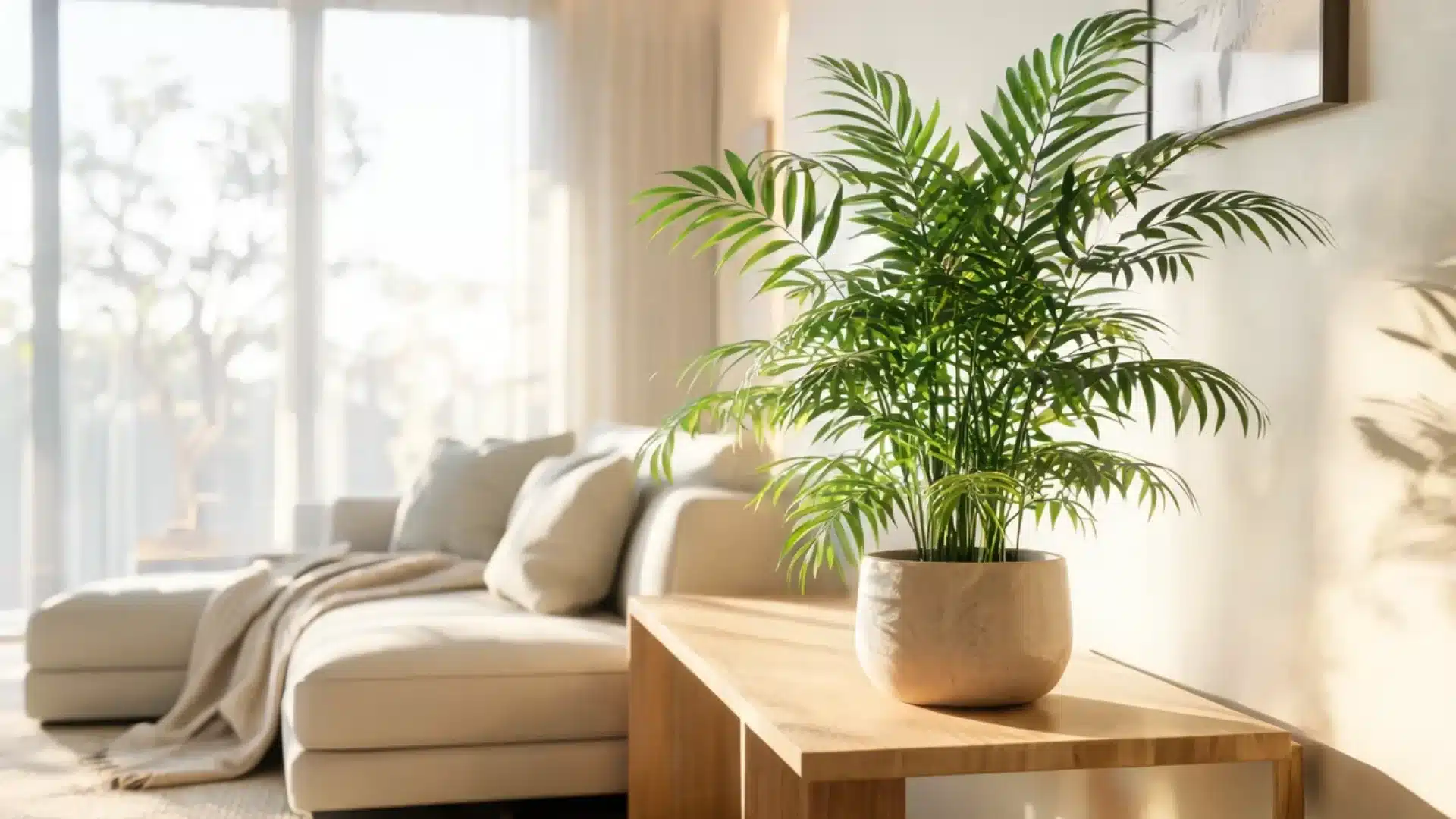 Parlor palm plant on a wooden table in a bright modern living room with soft sunlight
