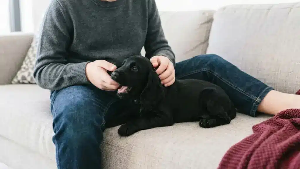 Person sitting on a couch gently playing with a black puppy that is lightly biting their hand indoors