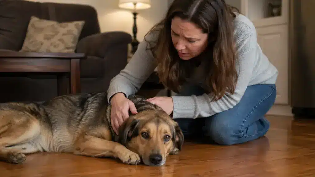 Pet owner checking on a dog showing signs of illness on the floor at home