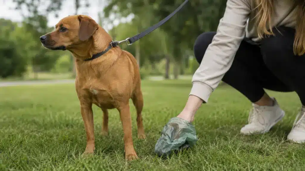 Pet owner cleaning up after a brown dog on grass during a calm outdoor walk in a park.