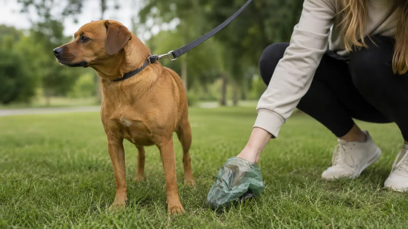 Pet owner cleaning up after a brown dog on grass during a calm outdoor walk in a park.