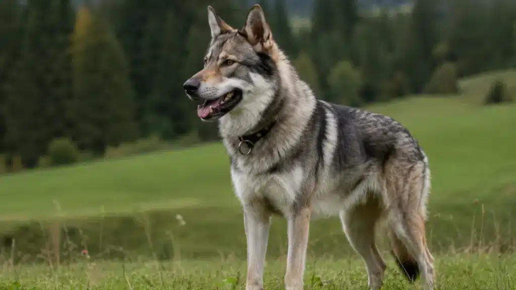Photo realistic wolf dog standing alert in an open green field with blurred forest mountains behind it