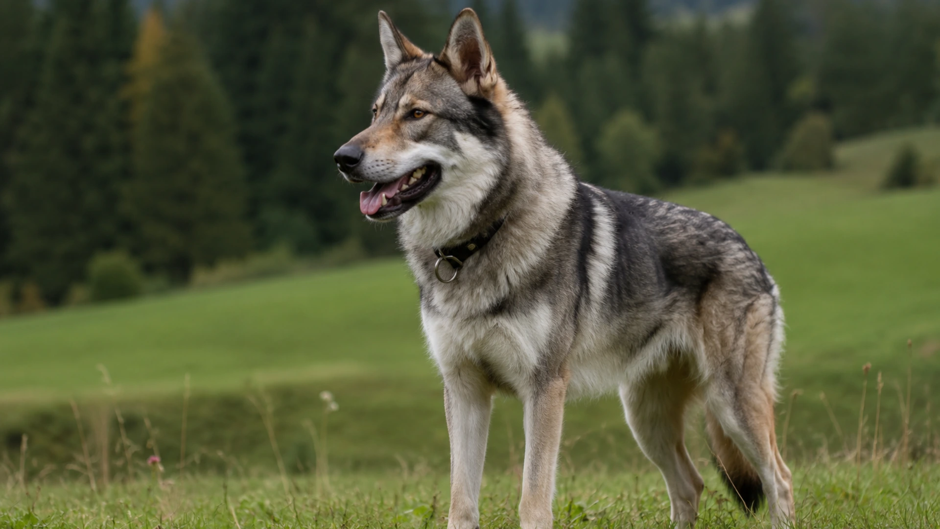 Photo realistic wolf dog standing alert in an open green field with blurred forest mountains behind it