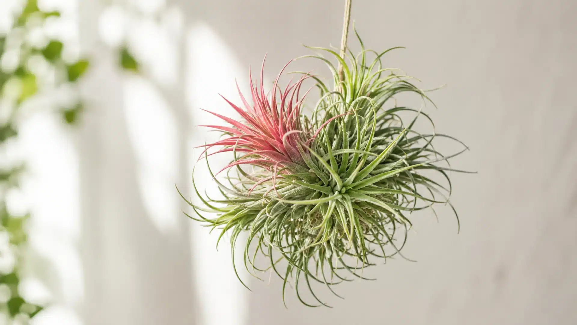 Pink and green air plant hanging indoors with soft natural light and blurred background