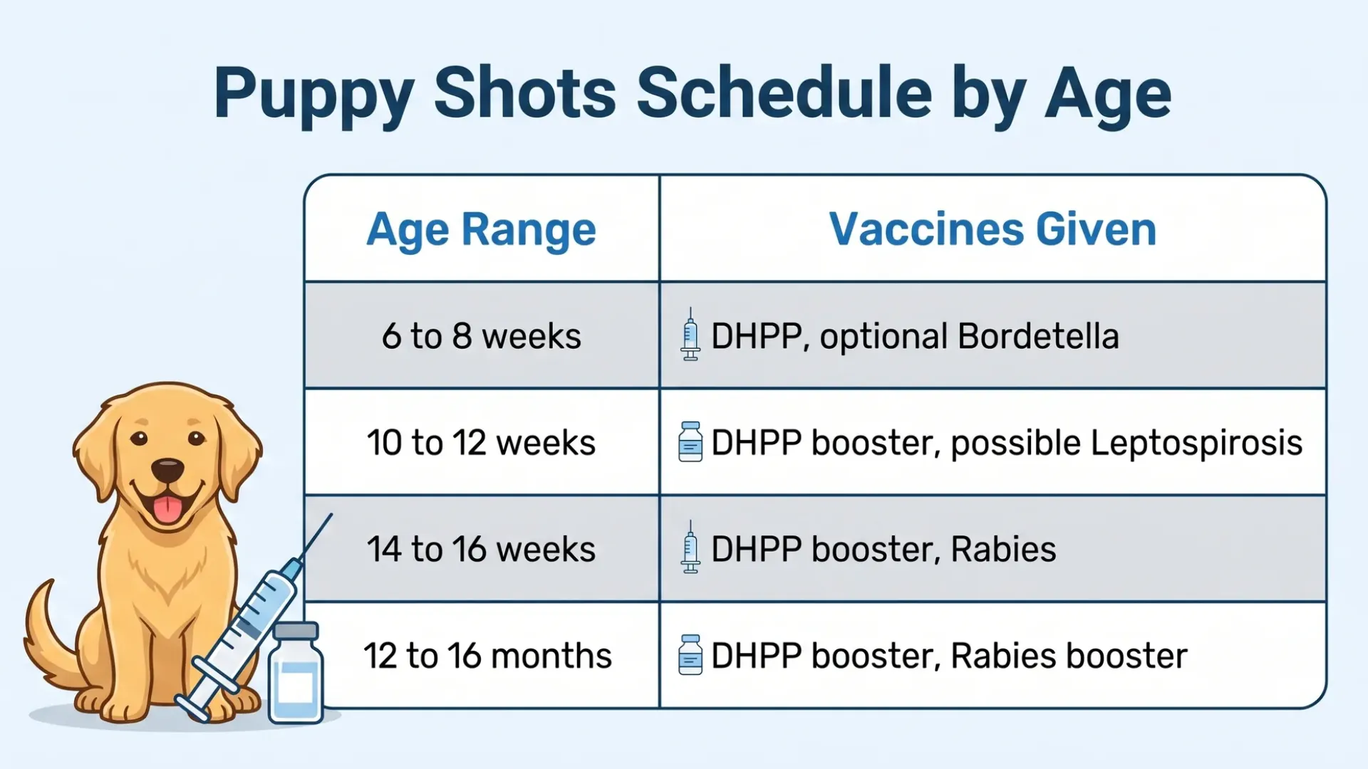 Puppy shots schedule chart showing vaccine timeline by age from 6 weeks to 16 months for puppies