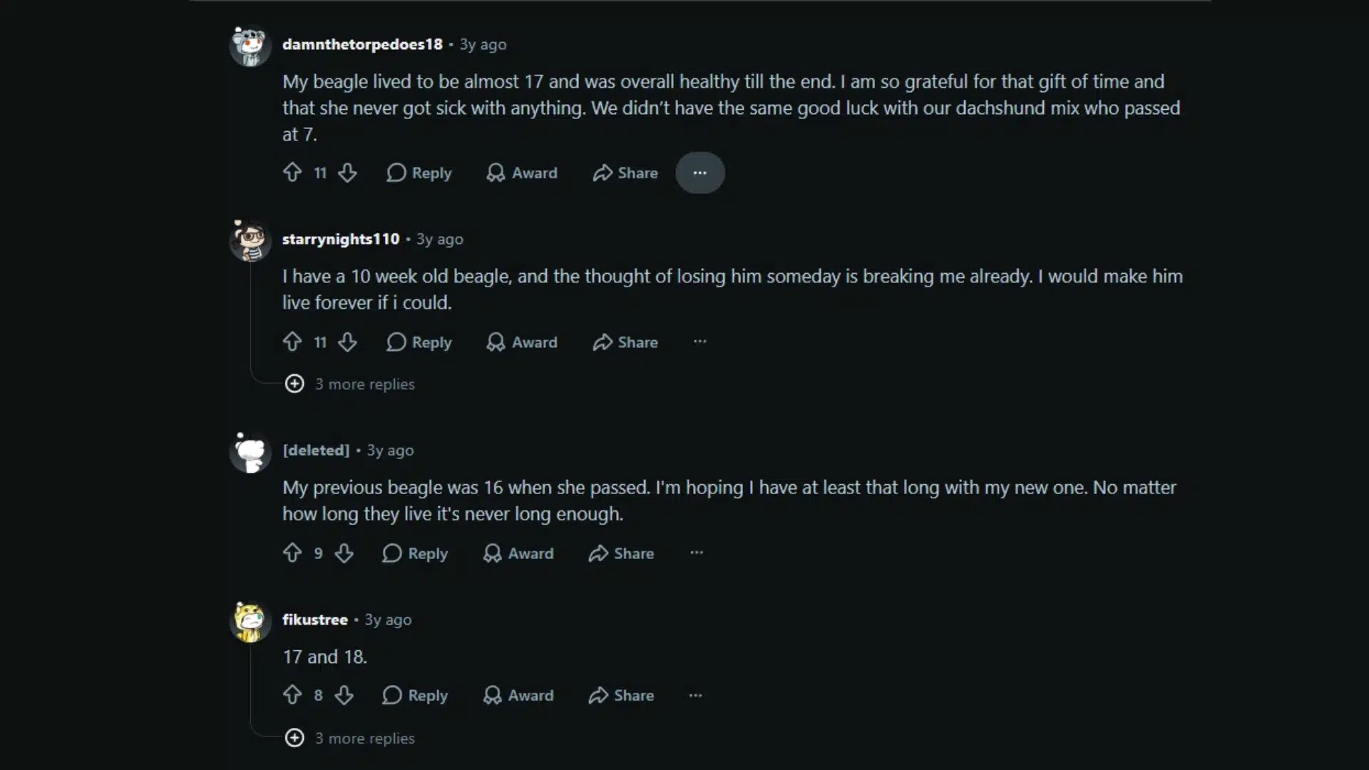 Reddit comments where Beagle owners share emotional stories about dogs living between 16 and 18 healthy years