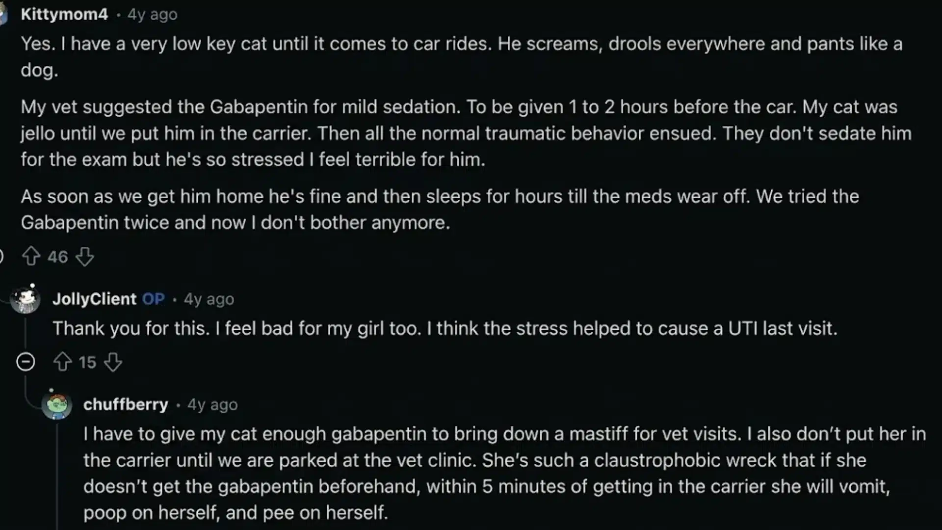 Reddit discussion about gabapentin for cats and stressful vet visit travel experiences