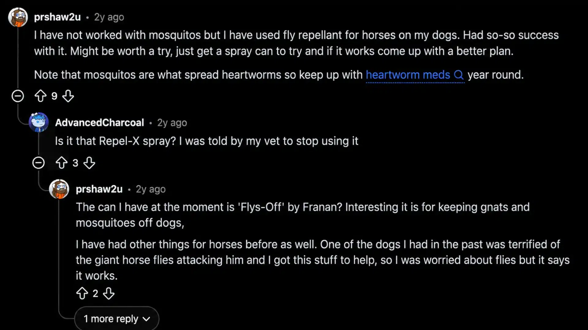 Reddit thread discussing mosquito repellents for dogs, mixed results, and vet advice against certain sprays