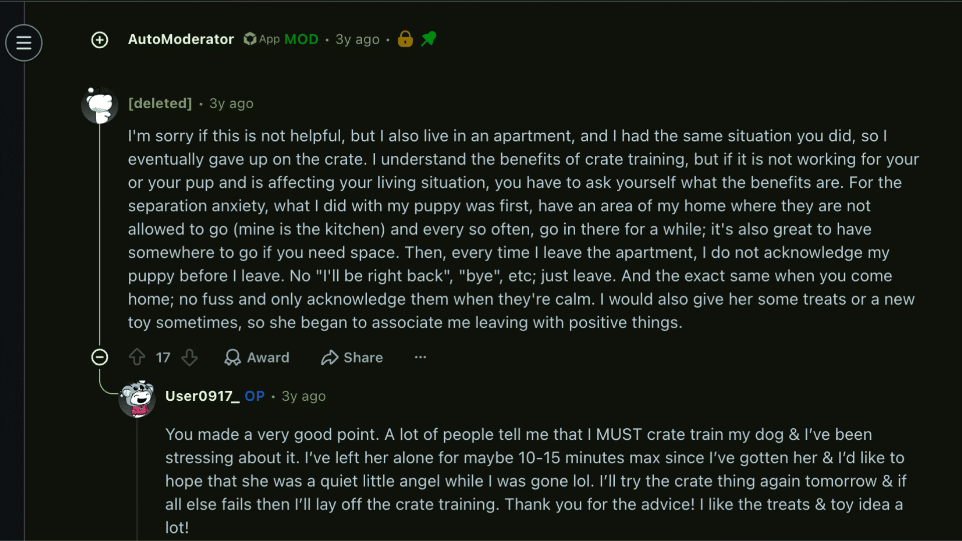 Reddit thread showing users discussing crate training struggles, separation anxiety, and tips for puppy training in apartment