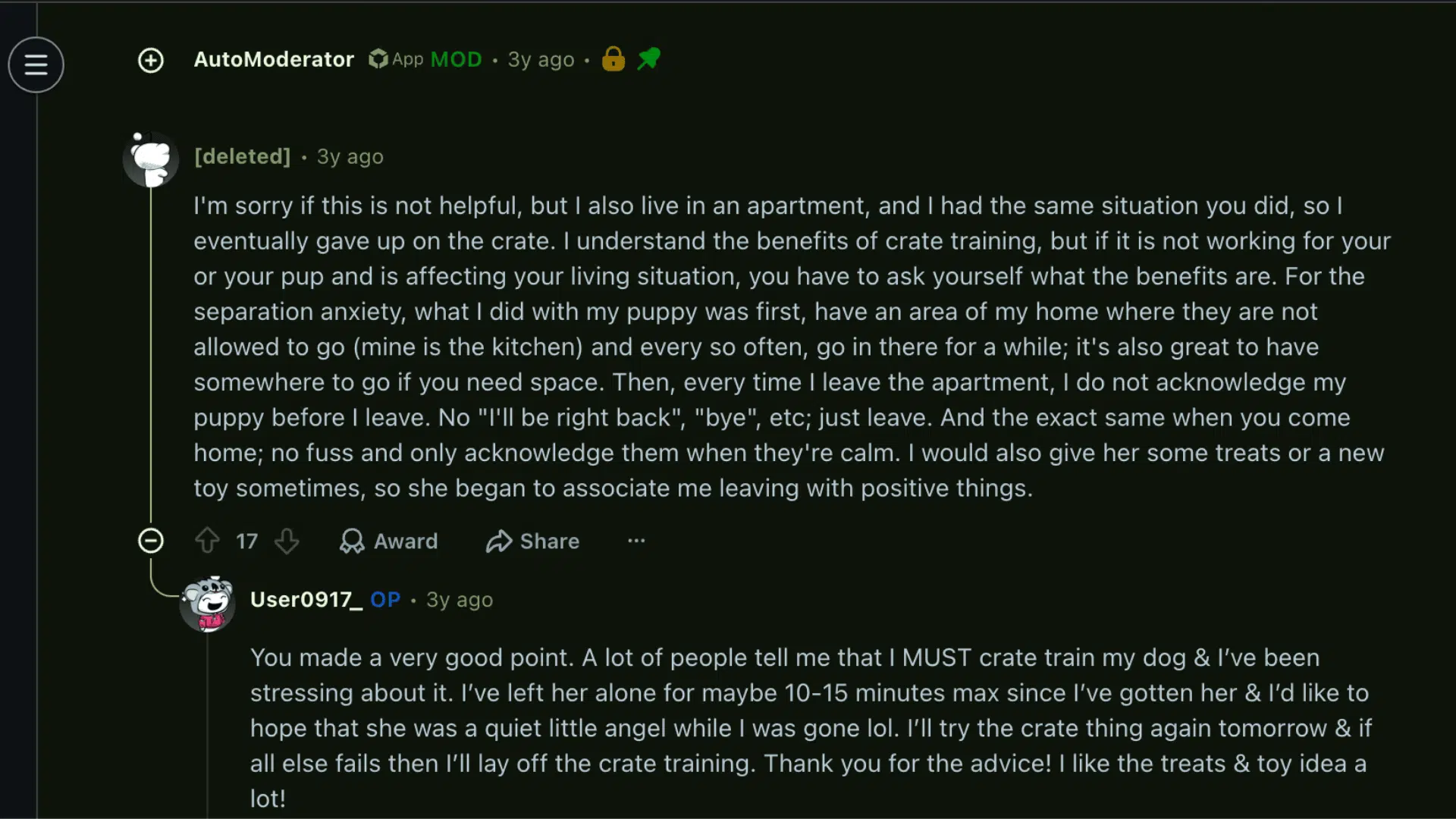 Reddit thread showing users discussing crate training struggles, separation anxiety, and tips for puppy training in apartment