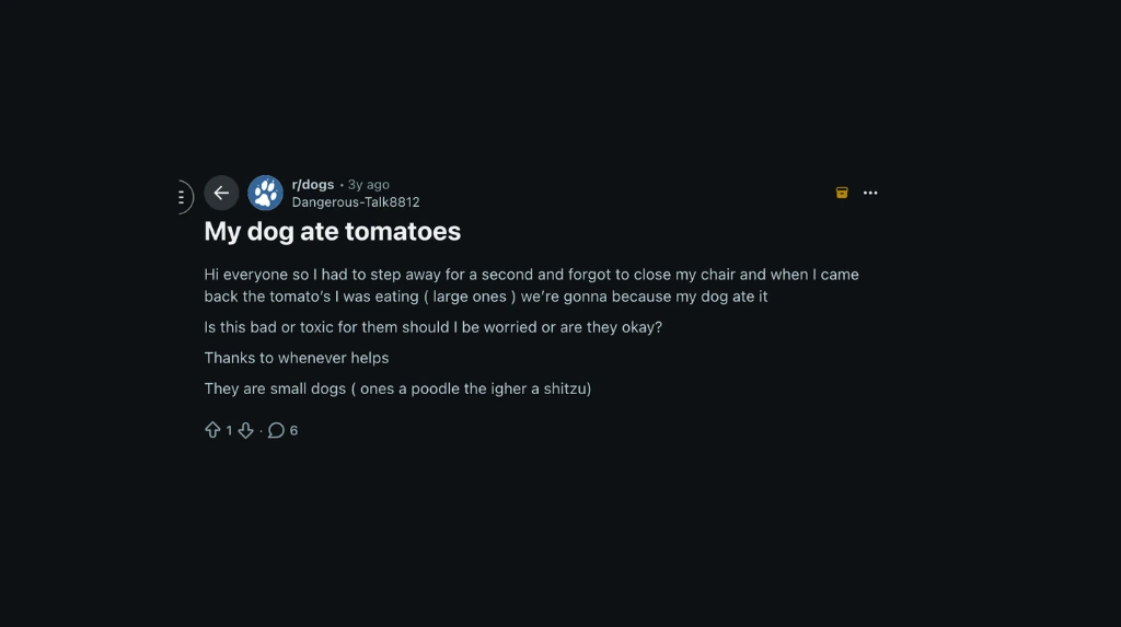 Screenshot of a Reddit post in r_dogs titled _My dog ate tomatoes,_ asking if they are toxic for a Poodle and Shih Tzu