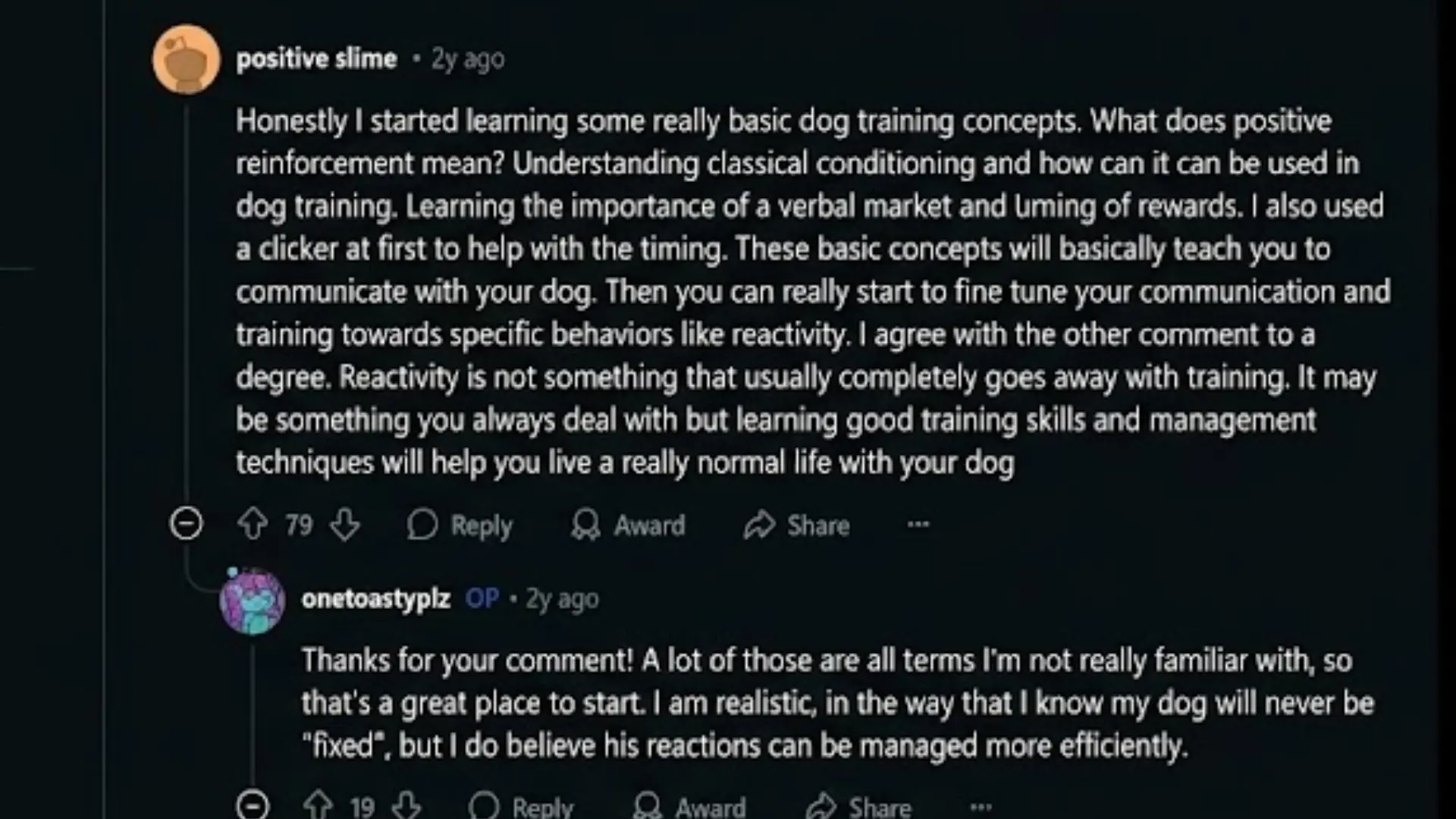 Screenshot of Reddit thread discussing reactive dog training, with user comments about positive reinforcement techniques