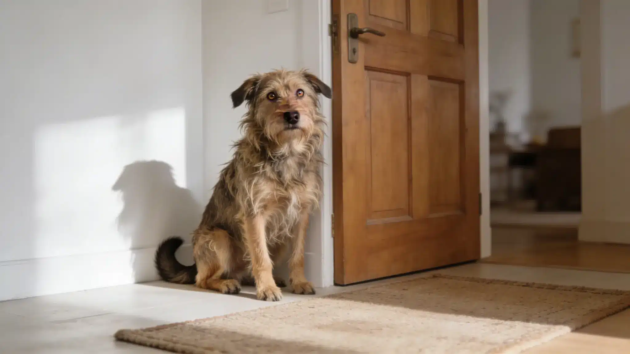 Scruffy brown terrier mix sits by a wooden door on a rug in a sunlit room.