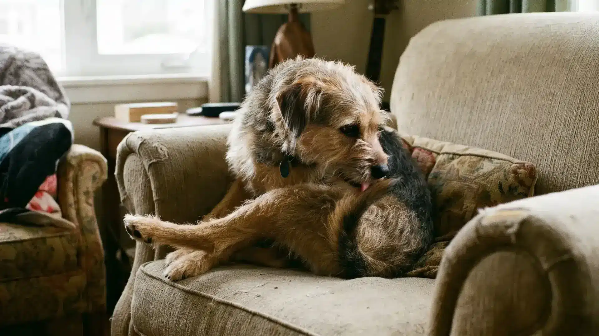 Scruffy dog contorting awkwardly on a worn armchair, licking its hindquarters in a cozy living room