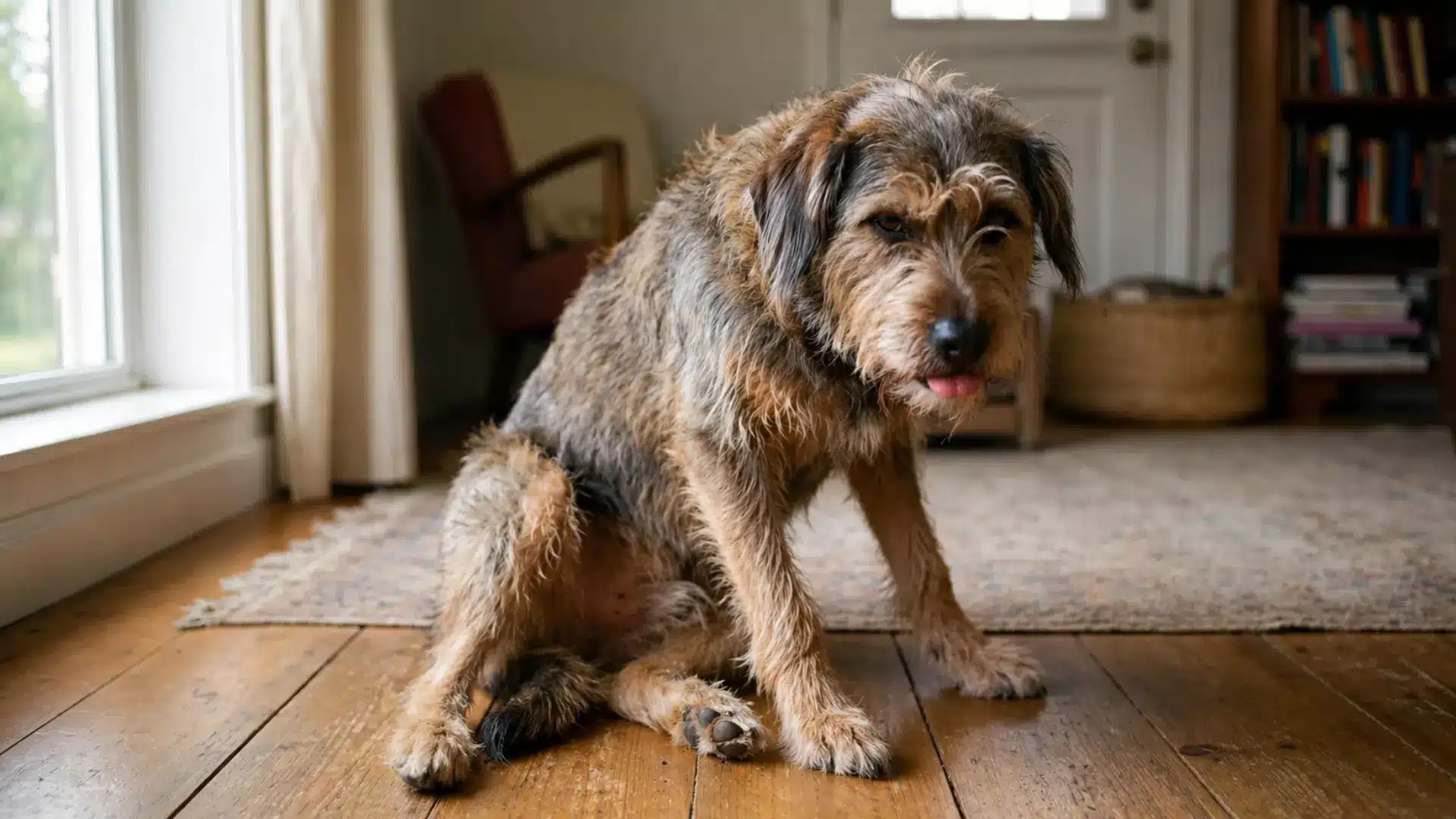Scruffy dog sitting awkwardly on hardwood floor with wavy odor lines, looking guilty and uncomfortable.