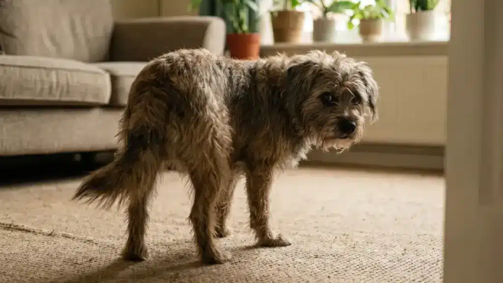 Scruffy mixed-breed dog standing on a carpet in a bright living room, looking back with a guilty expression