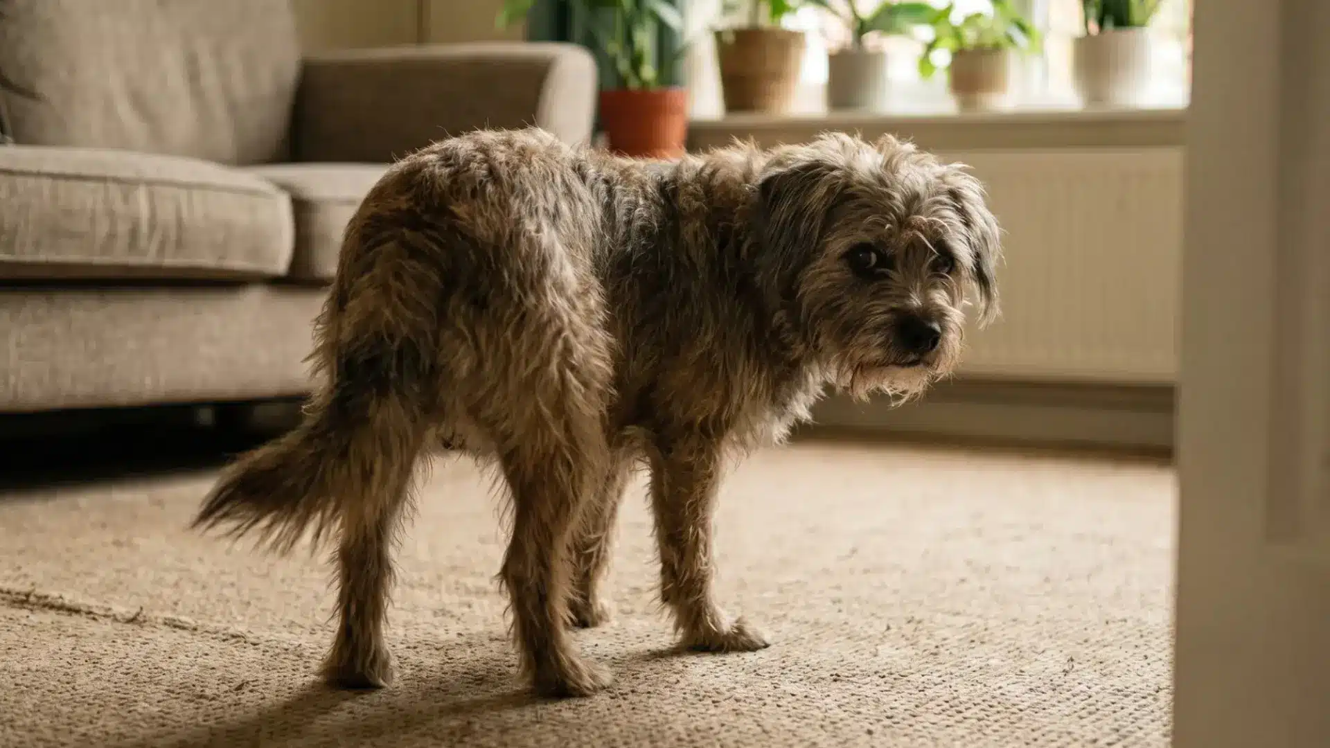 Scruffy mixed-breed dog standing on a carpet in a bright living room, looking back with a guilty expression