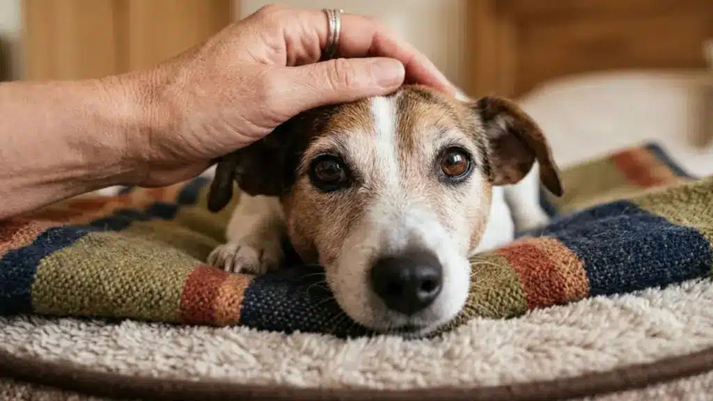 Senior Jack Russell terrier resting on blanket while a person gently pets its head on bed at home indoors
