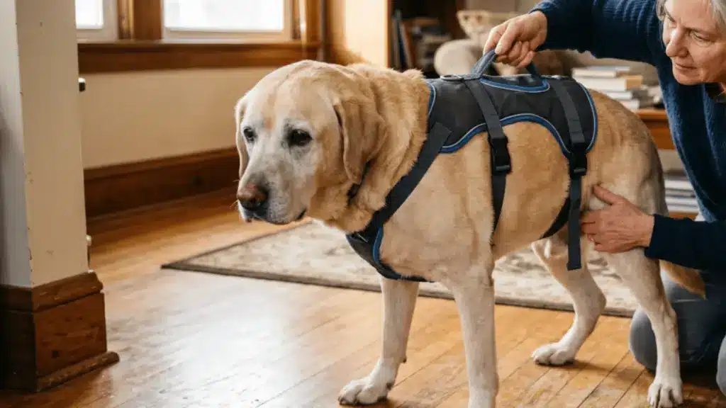 Senior Labrador with weak back legs using a support harness while assisted by owner at home
